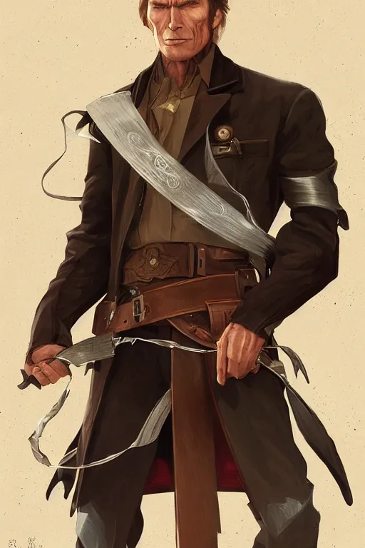 Image similar to young clint eastwood as full metal alchemist, portrait, western, duster, fantasy, intricate, elegant, highly detailed, digital painting, artstation, concept art, sharp focus, illustration, art by artgerm and greg rutkowski and alphonse mucha