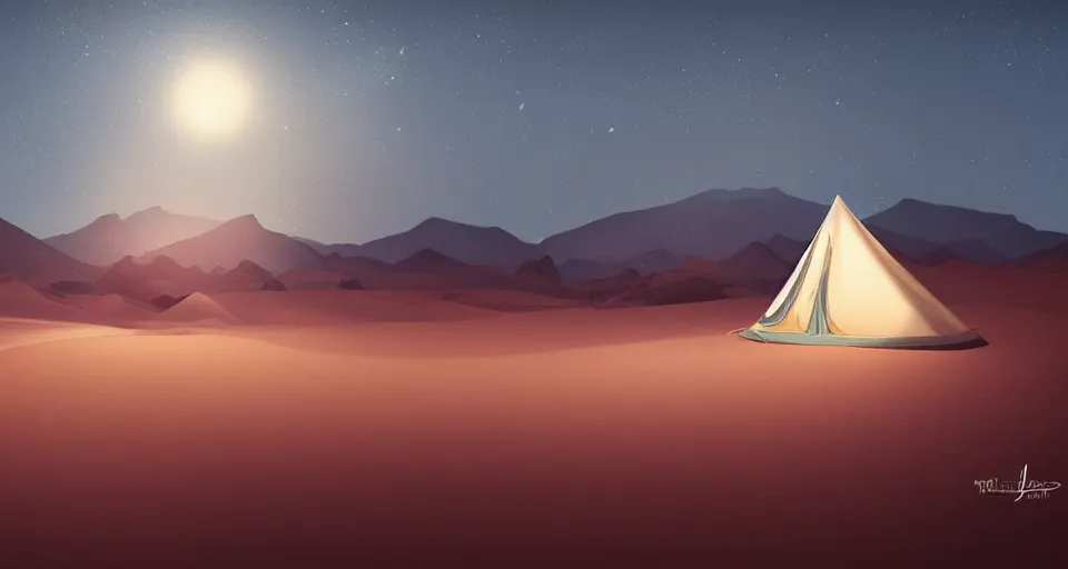 Prompt: small tent in the desert with dunes at night, blue color scheme, artstation, cgsociety