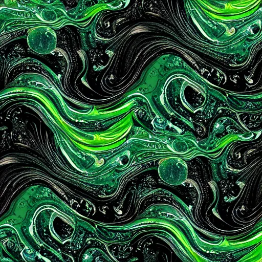 Image similar to beautiful liquid marble texture with oil bubbles and little twirls. harmonic black and green tones coloured abstraction. ultradetailed realistic art