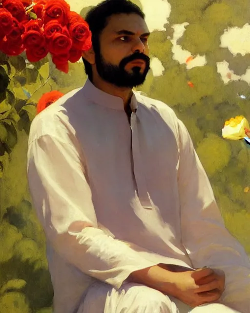 Prompt: a guy in a kurta waiting for his love to come, holding roses, art by greg rutkowski, gustave courbet, rosa bonheur, edward hopper. faithfully depicted facial expression, perfect anatomy, sharp focus, global illumination, radiant light, detailed and intricate environment, trending on artstation