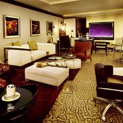 Prompt: a lavish las vegas hotel suite where sad geeks with computers are having a party with drinks, 1990s photograph