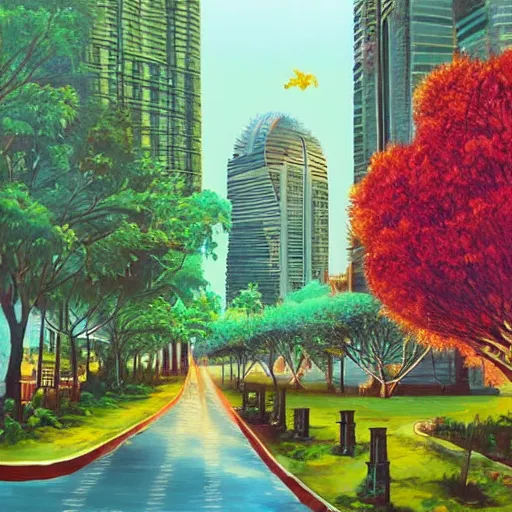 Prompt: Beautiful city of the future, overgrown with trees and plants. Nice colour scheme, warm colour. Beautiful artistic painting by artist Lurid. (2022)