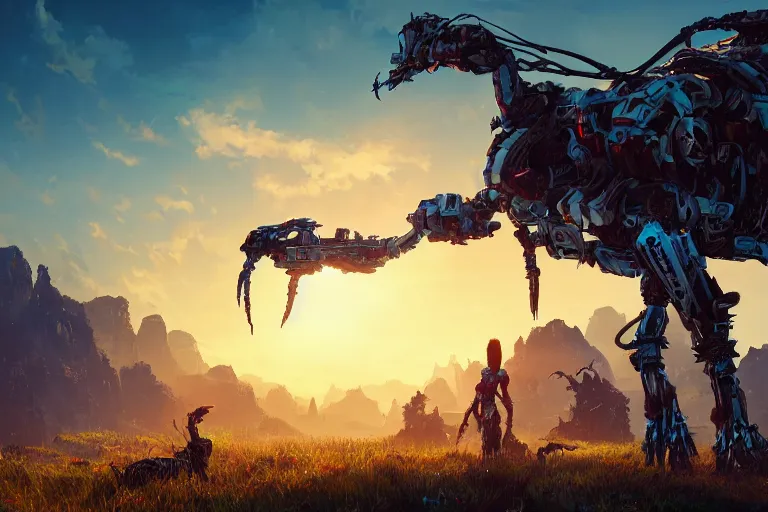 Image similar to tallneck machine mecanical creature robot of horizon forbidden west horizon zero dawn radiating a glowing aura global illumination ray tracing hdr fanart arstation by ian pesty and alena aenami artworks in 4 k