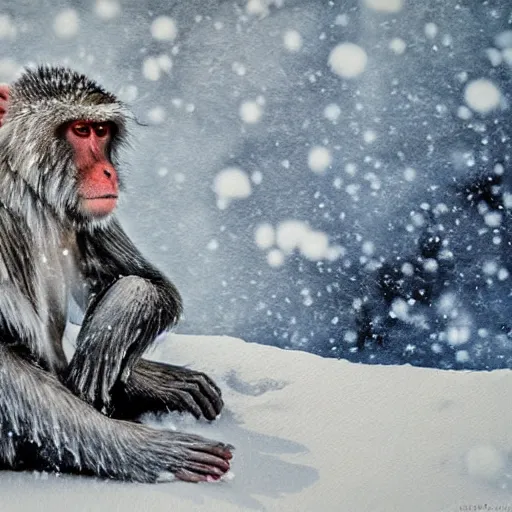 Prompt: scenic mountain setting, snow monkeys gather at the natural spa, highly detailed, snow flurry, cold, steamy, desaturated, inquisitive, striking, contemplative, watercolor, dry brush
