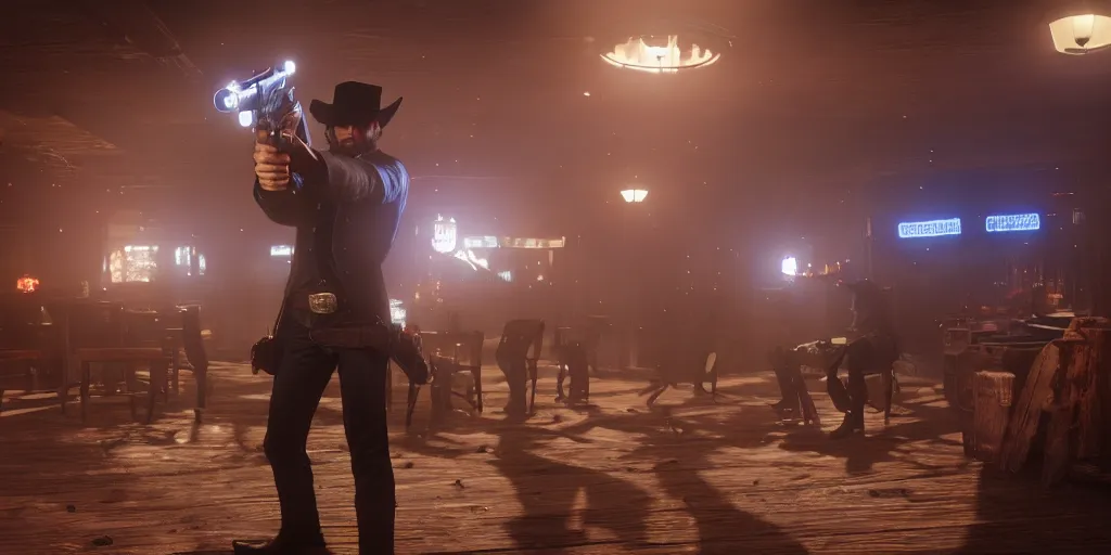 Prompt: a futuristic cowboy firing a glowing revolver to his enemies in a wild western bar, gunpowder and fog everywhere, red dead redemption 2, trending on artstation, digital art, award winning, cinematic lightning, ray tracing, 8k, Highly Detailed