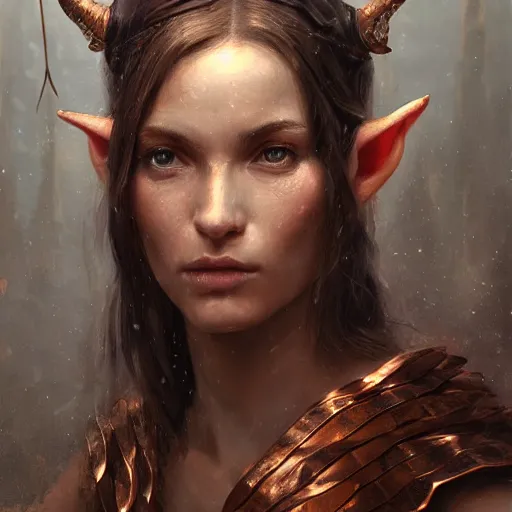 Image similar to A head-on head and shoulders detailed oil portrait of an elf woman with small horns of copper and copper dragon scales covering her arm and neck wearing a simple white robe, by greg rutkowski, trending on artstation, dungeon and dragons art