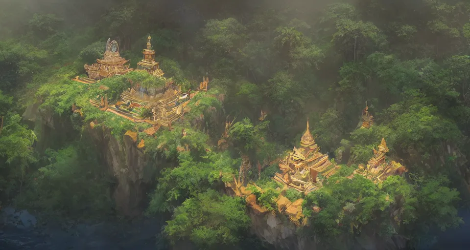 Prompt: Very small fantasy island with a temple in the middle of a tropical forest, view from above. by Greg Rutkowski, by Jesper Ejsing, by Makoto Shinkai, trending artstation, concept art, highly detailed,8k