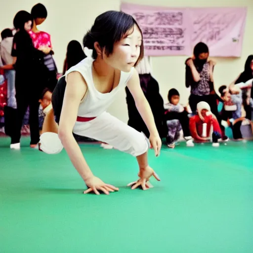 Image similar to a still photo of a young japanese girl breakdancing