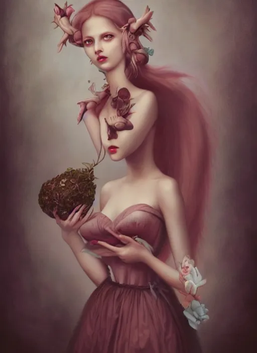 Image similar to pop surrealism, lowbrow art, realistic cute seductive feminine girl painting, romantic gown, hyper realism, muted colours, rococo, natalie shau, loreta lux, tom bagshaw, mark ryden, trevor brown style,