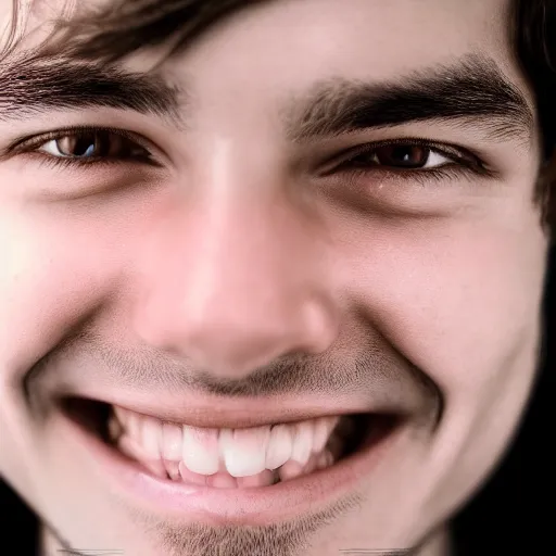 Prompt: high quality Foto of a human face around 20 years old, closeup, smiling at the camera