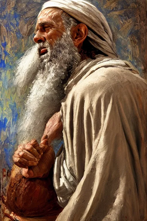 Prompt: highly detailed palette knife oil painting of a historically accurate depiction of the ancient biblical israeli prophet moses, thoughtful, by Peter Lindbergh, impressionistic brush strokes, painterly brushwork