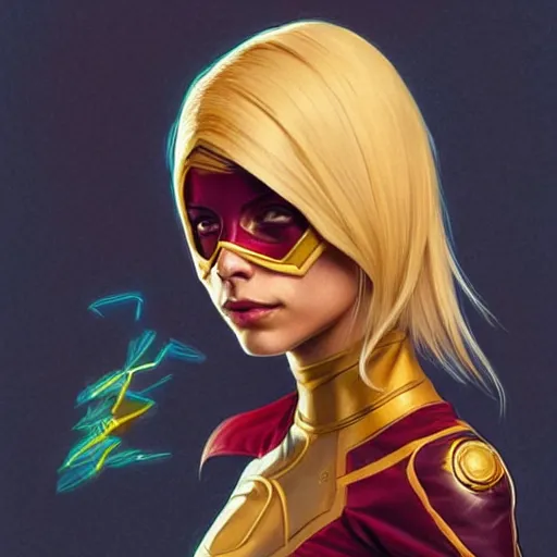 Prompt: Willa Holland with blonde hair as Kid Flash, western, D&D, fantasy, intricate, elegant, highly detailed, digital painting, artstation, concept art, matte, sharp focus, illustration, art by Artgerm and Greg Rutkowski and Alphonse Mucha