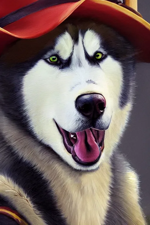 Image similar to a portrait painting of a husky in cowboy costume, wearing a cowboy hat, by [ studio ghibli ], [ western film ], [ red dead ], trending on artstation