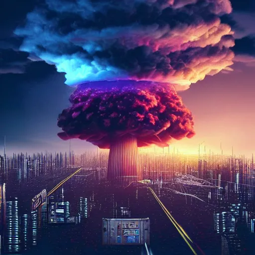 Prompt: digital matte painting of a large and dramatic nuclear mushroom cloud above a urban cyberpunk nighttime city skyline, vaporwave