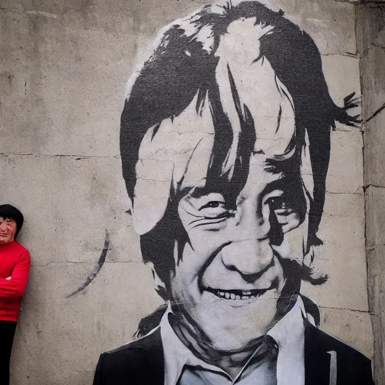 Image similar to Street-art full-body portrait of Jackie Chan in style of Banksy