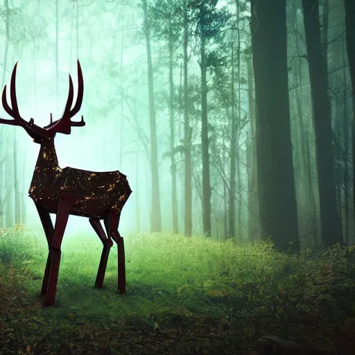 Image similar to a robot deer standing in the woods, digital art, cinematic lighting, epic composition, highly detailed