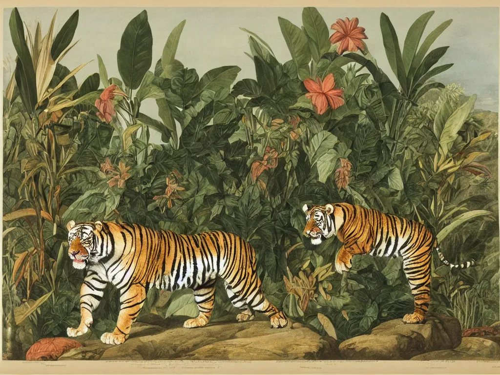 Prompt: muscular tiger, tropical plants in background, botanical, large exotic flowers, biology, painted by john audubon