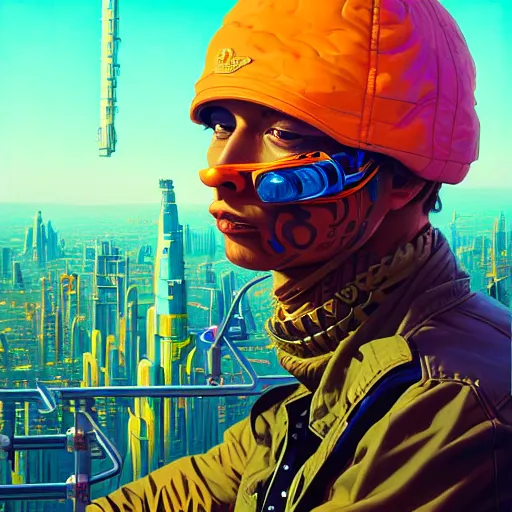 Prompt: high quality high detail portrait of a diesel punk in a futuristic city, tristan eaton, victo ngai, rhads, 8 k, sci - fi, pastel colors, artstation, award - winning realistic sci - fi concept art by picasso masterpiece, intricate detailed, complimentary colors, greg rutkowski, hyperrealism, alphonse mucha, artgerm