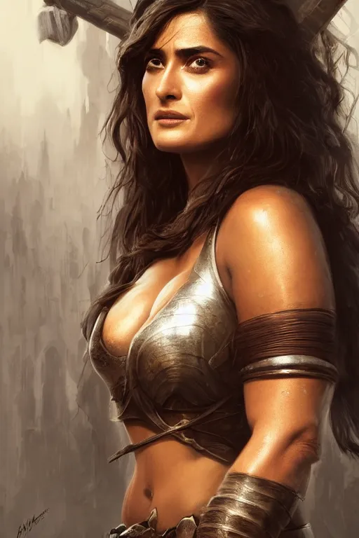 Image similar to portrait, Salma Hayek , barbarian , face portrait, raphael lacoste, eddie mendoza, alex ross, concept art, matte painting, highly detailed, rule of thirds, dynamic lighting, cinematic, detailed, denoised, centred