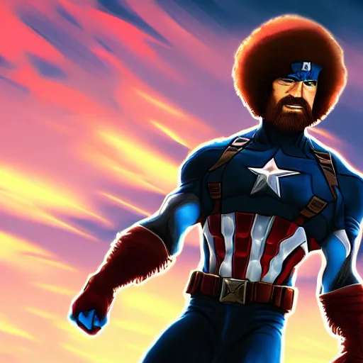 Prompt: Bob Ross as captain america, digital art, concept art, sunset sky in the background, symmetrical, highly detailed, high quality, concept art, Deviant Art, anime style