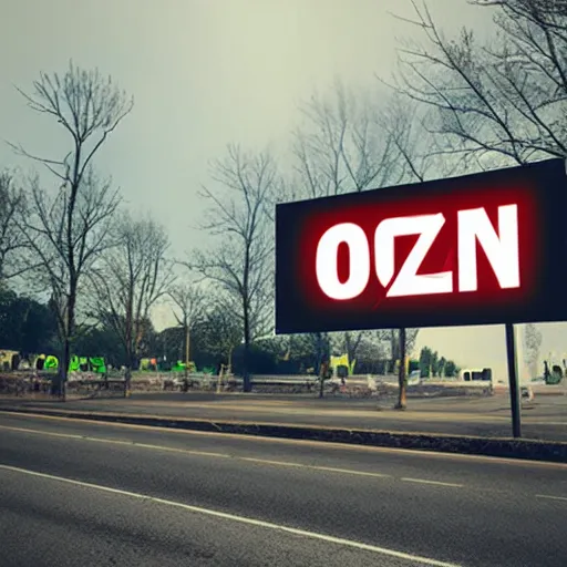 Image similar to burning warehouse with giant sign that says “ ozon ”, realistic photo