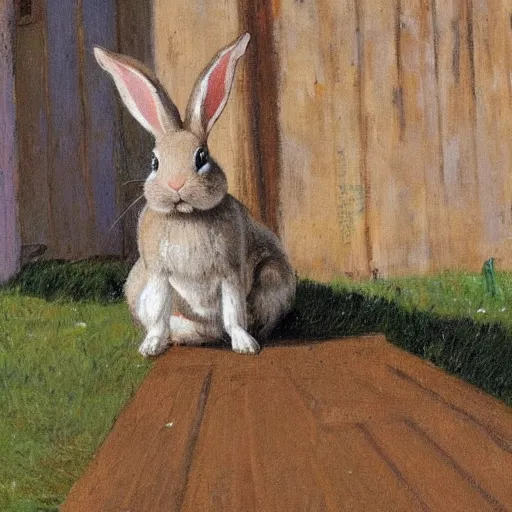 Prompt: a rabbit sitting in front of an old wooden russian church, in the style of ilya repin