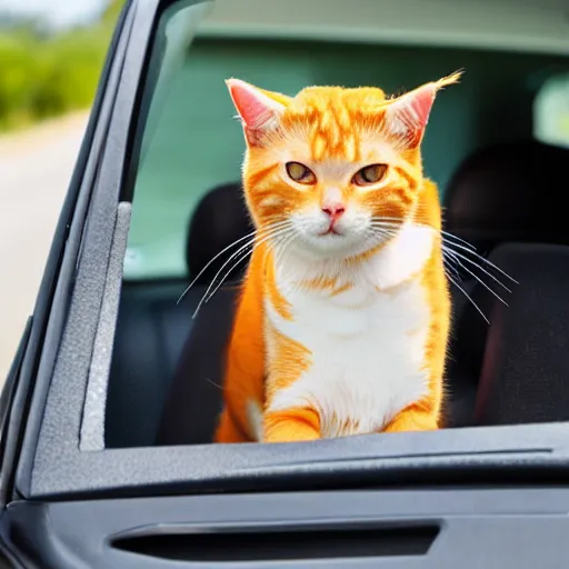 Image similar to an orange tabby cat driving a car