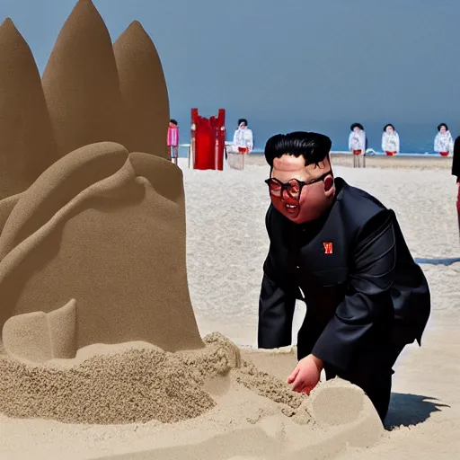 Image similar to kim jong un building sandcastle at the beach