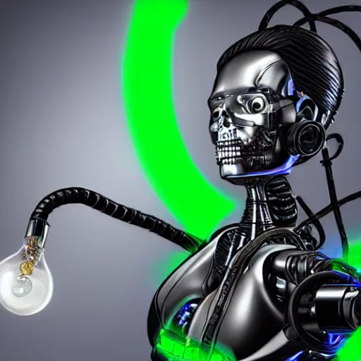 Image similar to the upper torso of a terminator cyborg lady with borg implants, human face and robotic snakes coming out of her head is hanging from cables and wires off the ceiling of a lab. Her bottom half is missing with cables hanging out. She is taking a sip from a cup of coffee. Tiny green led lights in her cybernetics. Sophisticated lab in the background, with dystopian city visible through the window. very detailed 8k. Horror cyberpunk style.