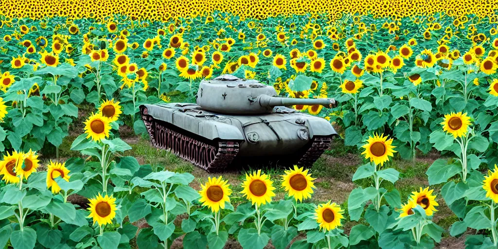 Image similar to russian tank burning in the middle of sunflower field, blue sky