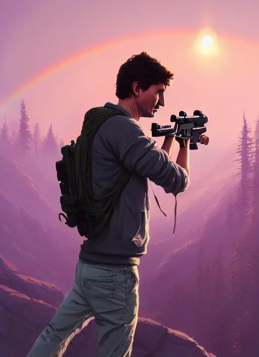 Image similar to highly detailed portrait justin trudeau in ( ( pink hoody rainbow socks ) ) holding ar - 1 5! in gta v stephen bliss unreal engine fantasy art by greg rutkowski loish rhads ferdinand knab makoto shinkai lois van baarle ilya kuvshinov rossdraws tom bagshaw global illumination radiant light detailed intricate environment