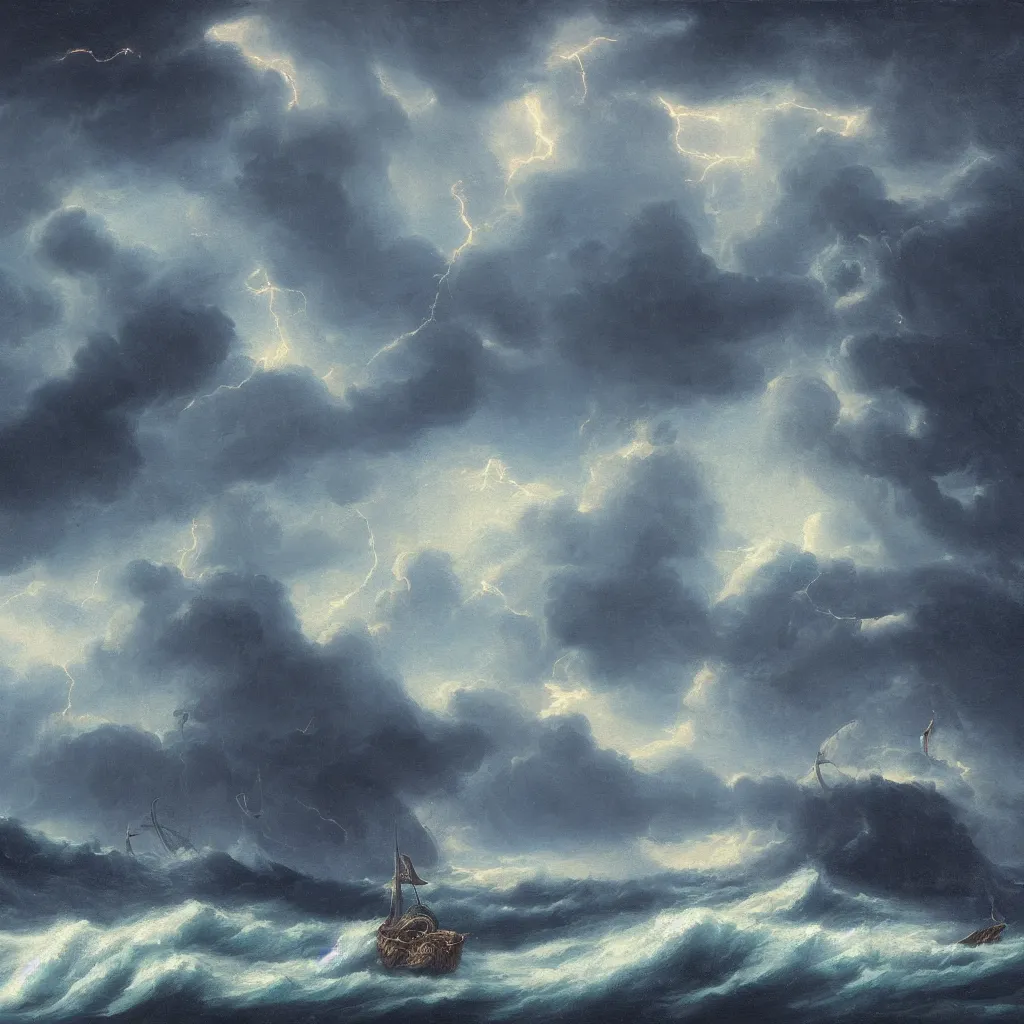 Prompt: a fantasy landscape. subject : kraken in a stormy sea, giant waves, lightning in the background, small boat, oil painting, 4 k