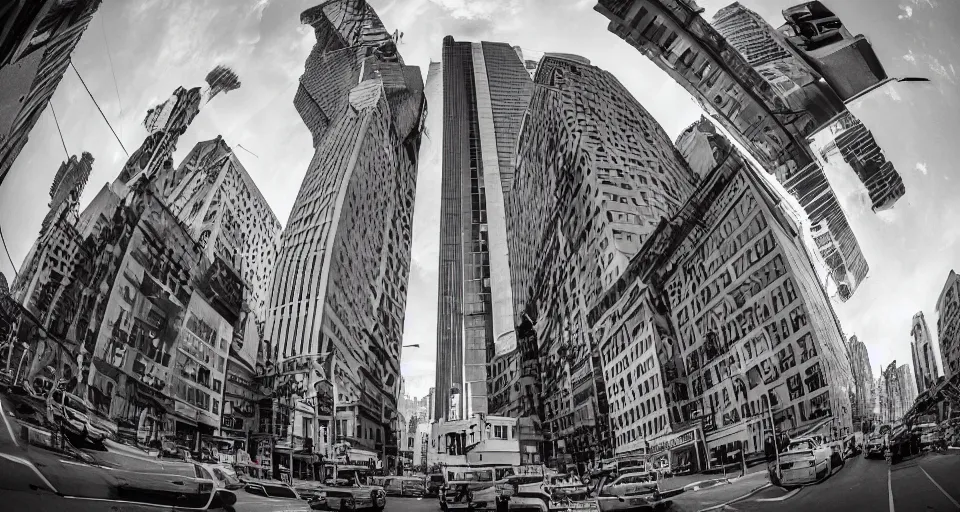 Prompt: City of cardboard viewed from the streets, fisheye photo