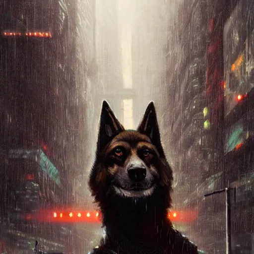 Image similar to new york city portrait of furry anthro anthropomorphic german shepard head animal person fursona wearing clothes strange cybernetic muzzle exposed electronic circuits cyborg microchip gloomy rainy cyberpunk digital art by Greg Rutkowski, Simon Stalenhag, trending on Artstation, CGSociety