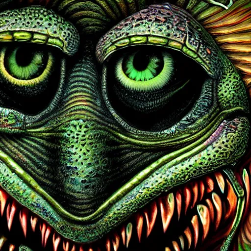 Image similar to dark fantasy, 4 k, textured 3 d, intense detail, psychedelic frog, amazing background, eyeball in center of hideous monster, alex grey style