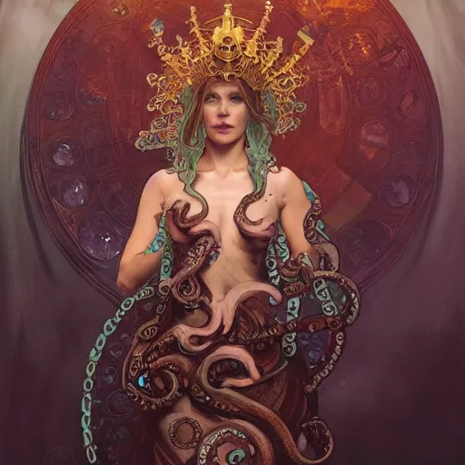 Prompt: A portrait of the Octopus Queen, Magic the Gathering art, art by greg rutkowski and alphonse mucha, matte painting, concept art, trending on artstation, very detailed