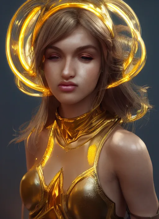 Image similar to glowwave girl portrait, gold detailed, mel from arcane, hyper detailed, 3 / 4 shot, digital art, trending in artstation, cinematic lighting, studio quality, smooth render, unreal engine 5 rendered, octane rendered, art style by klimt and nixeu and ian sprigger and wlop and krenz cushart, none crop, full face