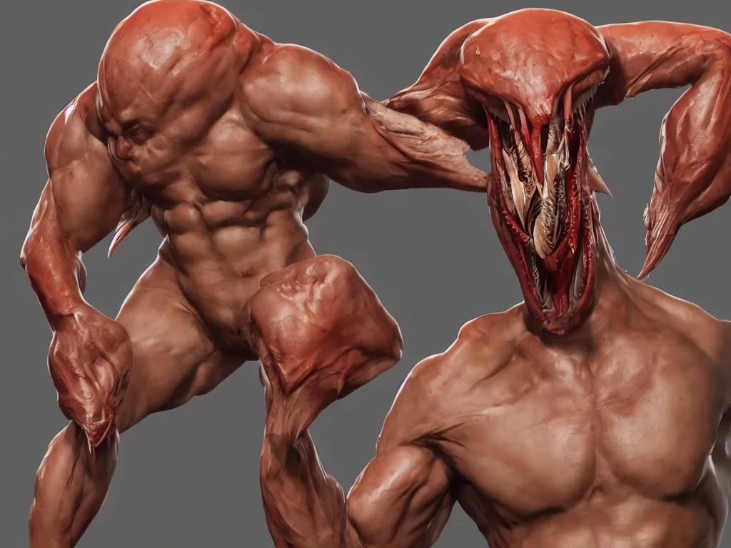 Prompt: game concept art, muscular body, mesomorph, crustacean head, sharp teeth, hyperrealism, artstation, cgsociety, zbrush, no background