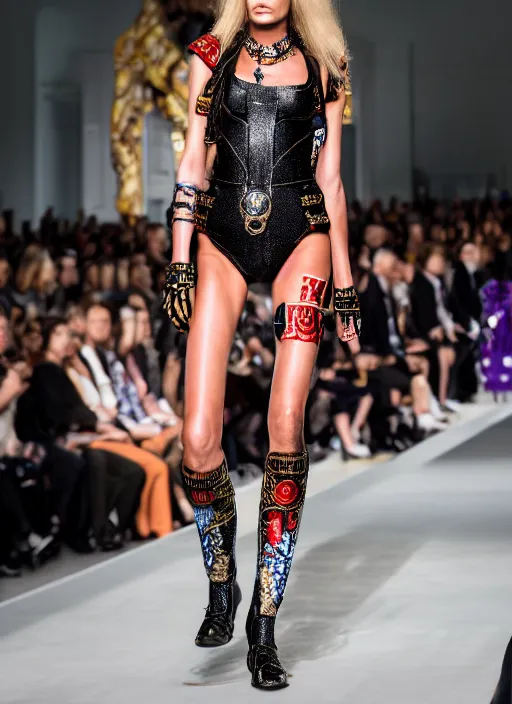 Image similar to hyperrealistic and heavy detailed versace runway show of judge dredd, leica sl 2 5 0 mm, vivid color, high quality, high textured, real life