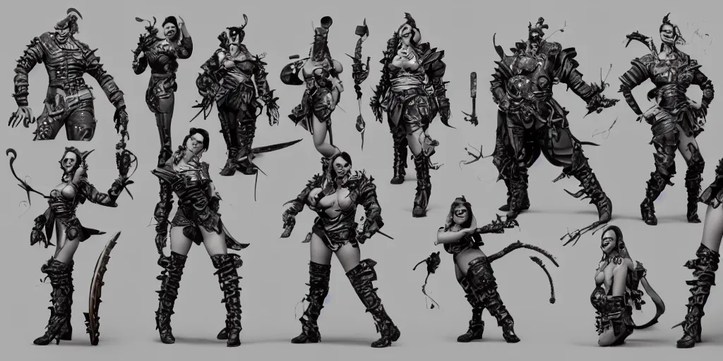 Prompt: armored tattoed rockabilly pinup warrior, character sheet, concept design, contrast, hot toys, kim jung gi, greg rutkowski, zabrocki, karlkka, jayison devadas, trending on artstation, 8 k, 3 d model, photo, realistic, octane render, ultra wide angle, pincushion lens effect