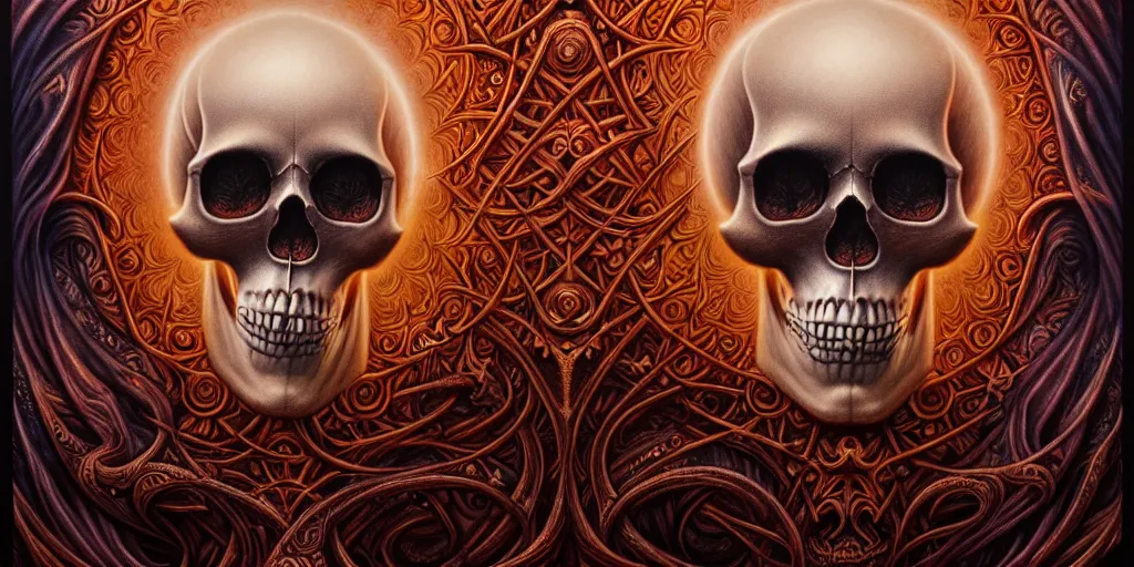 Image similar to A beautiful detailed orixa, tarot card, by tomasz alen kopera and Justin Gerard, symmetrical features, ominous, magical realism, texture, intricate, ornate, royally decorated, skull, skeleton, whirling smoke, embers, red adornements, red torn fabric, radiant colors, fantasy, trending on artstation, volumetric lighting, micro details, 3d sculpture, ray tracing, 8k, anaglyph effect