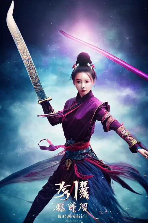 Image similar to beautiful cinematic fantasy poster, wuxia sword dance heroine, beautiful glowing galaxy eyes, hybrid from Dynasty Warriror and art direction by tian zi and WLOP and Darius Zawadzki cinematic quality character render; low angle; ultra high quality model; production quality cinema model;