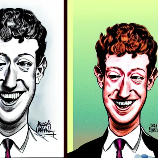 Prompt: a caricature portrait of Mark Zuckerberg drawn by Mort Drucker- Mad Magazine