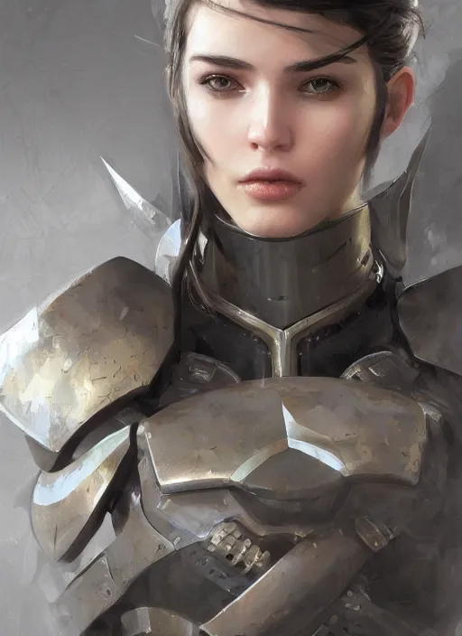 Image similar to a professional painting of a beautiful young female, clothed in military armor, olive skin, long dark hair, beautiful bone structure, symmetrical facial features, intricate, elegant, digital painting, concept art, smooth, sharp focus, illustration, from Metal Gear, by Ruan Jia and Mandy Jurgens and Artgerm and William-Adolphe Bouguerea