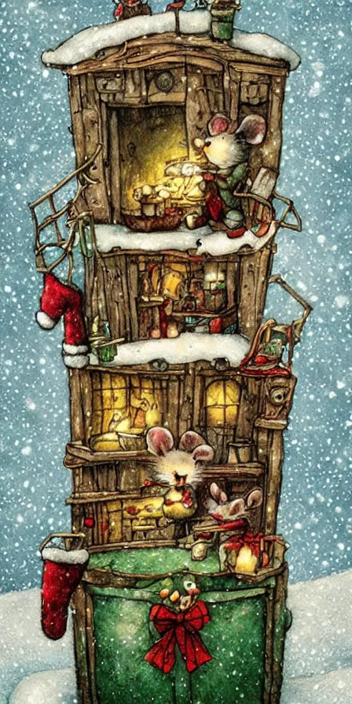 Prompt: an indoor christmas mice scene by alexander jansson