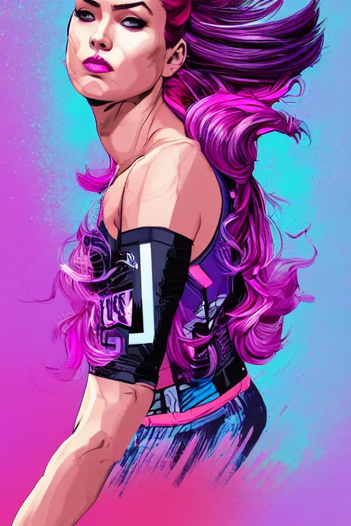 Image similar to a award winning half body porttrait of a beautiful woman in a croptop with ombre purple pink teal hairstyle with head in motion and hair flying by marvel comics and sandra chevrier, outrun, vaporware, illustration, digital art, trending on artstation, highly detailed, fine detail, intricate