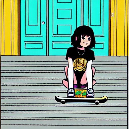 Prompt: skater girl sitting on steps by scott pilgrim, by bryan lee o'malley