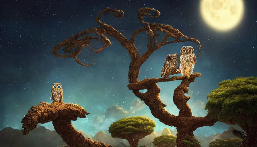 Image similar to very very small owl, sitting on a gigantic dragon tree in moonlit socotra island by ilya kuvshinov, starry night, rtx rendering, octane render 1 2 8 k, maya, extreme high intricate details by tom bagshaw, medium shot, close up shot, composition by sana takeda, lighting by greg rutkowski