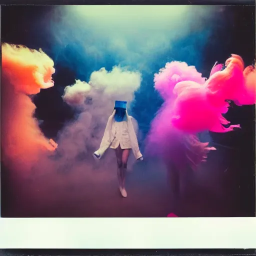 Image similar to polaroid of dancers that are made from cotton candy, smoke and clouds, wearing giant paper masks, mix, DADA collage, texture, lomography, fashion neon light