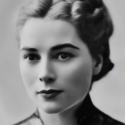 Image similar to edwardian photograph of a mix of grace kelly and emilia clarke, 1 9 0 0 s, 1 9 1 0 s, grainy, slightly blurry, faded, realistic face, elegant, graceful, vintage hollywood star